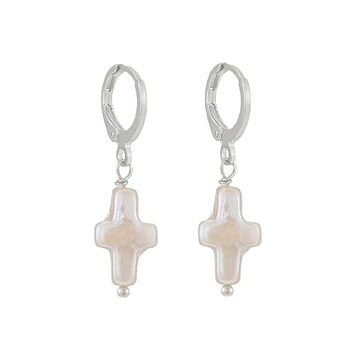 Iutymu Nature Freshwater Pearl Cross Earrings Elegant Christian Pearl Jewelry, Beachy Pearl Jewelry, Cross Pearl Earrings, Baroque Pearl Earrings - Image 1