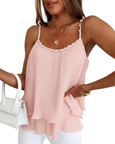 CHICME Womens Summer Tank Tops Flowy Double Layers Chiffon Blouse Casual Beaded Loose Camisole Shirts - Image 1