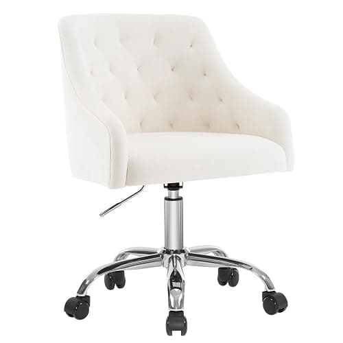 MOJAY Velvet Office Swivel Chair, Vanity Fabric Desk Pretty Fancy Gold Office Chairs for Girls, 360°Swivel Height Adjustable Reception Chair (White) thumbnail 9