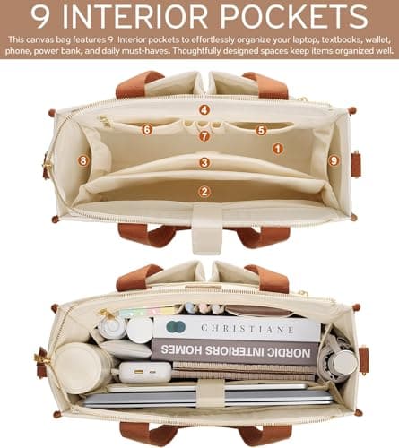 Canvas Tote Bag for Women, 15-Pocket Large Crossbody Purse Shoulder Satchel Handbag Bible Laptop Bag Zipper Bookbag for Teacher Nurse Work Travel College Everyday thumbnail 3