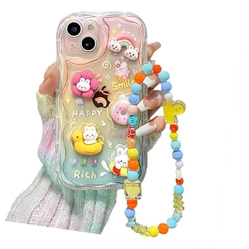 Dzdcase Designed for iPhone Case,Cute Rainbow Rabbit Duck Kawaii Cartoon Animal Wristband Strap Bracelet Chain Soft Shockproof Cover Phone Case (iPhone 17,Pink) - Image 1