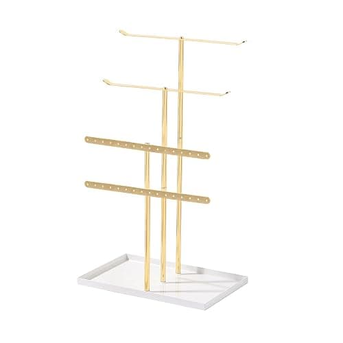 Necklace Bracelet Earring Holder Stand, Multi-Use Jewelry Display Organizer with Tray, T-Bar Metal Jewellery Organizer Stand, Jewelry Hanger Tower Rack for Women (Gold) - Image 1