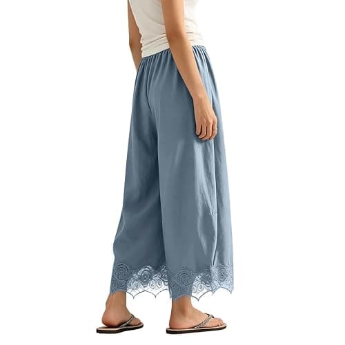 Womens Cropped Lace Trim Pants High Waisted Elastic Drawstring Wide Leg Trousers Casual Flowy Boho Pant with Pockets thumbnail 7