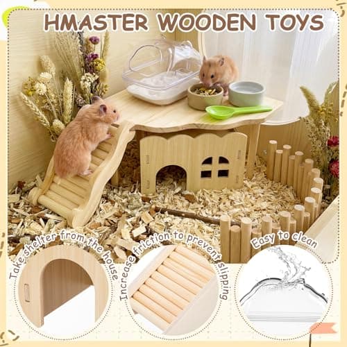 5 Pcs Hamster Platform Wooden Fence Bridge Ladder Climbing Toy Hidden House Exploring Toy with Hamster Bath Container Decor Cage Accessories for Small Animals Dwarf Syrian Gerbils Squirrel(Classic) thumbnail 3