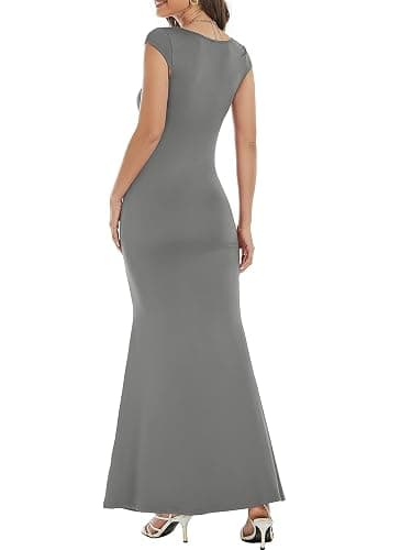 Womens Summer Cap Sleeve Square Neck Elegant Casual Lounge Bodycon Slim Maxi Evening Party Long Dress thumbnail 7
