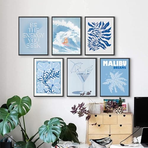 QIYFFBN 6Pcs Blue Coastal Surf Cowgirl Wall Art Vintage Flower Market Canvas Prints Girly Dorm Trendy Preppy Aesthetic Posters Light Blue Cocktail Glass Pictures Wall Decor Unframed (12x16in x6Pcs) - blue - 12x16in Unframed thumbnail 7