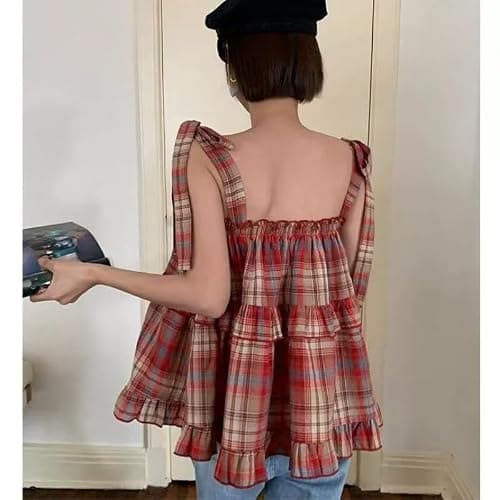 Women's Camisole Tank Tops Red Plaid Camisoles Women Vintage Ruffles Cute Girlish Cropped Tops Holiday Streetwear (Red,One Size,Large) thumbnail 3