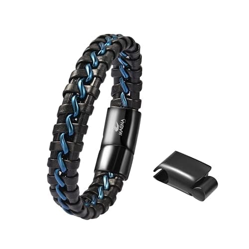 Magna Steel Men's Braided Genuine Leather Wristband Cuff Bracelet thumbnail 2