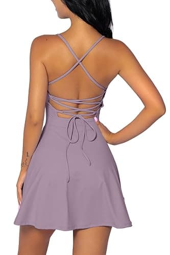 QINSEN Womens Two Pieces Tennis Dress with Shorts Workout Open Back Active Golf Dresses - Medium - Dark Purple - Image 1