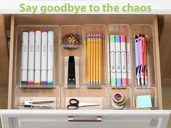 DESK | Amazon | 12 Piece Clear Drawer Organizer Set, 3 Sizes Bathroom Vanity Organizer Trays and Storage Bins for Makeup, Cosmetics, Jewelry, and Gadgets. Perfect for Office, Kitchen, Bedroom, Bathroom Use. thumbnail 3