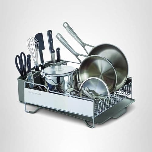 KitchenAid Large Capacity Full Size Rust Resistant Dish Rack with Angled Drain Board and Removable Flatware Caddy, Light Grey thumbnail 8