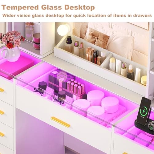 YUNSCEND Large Makeup Vanity Desk with Mirror and Lights, White Vanity Table with 360° Rotating Organizer, Glass Top, RGB Lights, Dressing Table with 11 Drawers, Power Outlet, for Bedroom, UXFST006W thumbnail 6