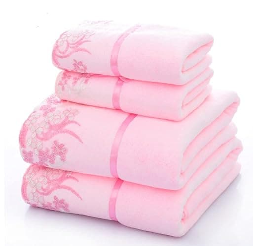 Abeigoi Pink Lace Bath Towels Set, Velvet Ultra Soft & Absorbent Bath Towel and Hand Towels Set for Bathroom,Shower, Washroom, Toilet (1 Bathroom Towel+2 Hand Towels) - Pink