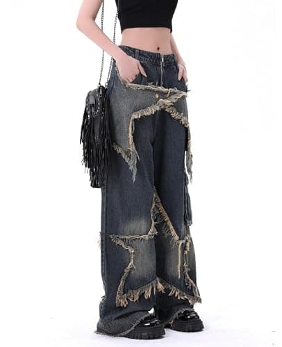 Hopecn Y2K Baggy Jeans Women&Men Star Patch Aesthetic High Waist Straight Leg Pants Vintage Fashion Grunge Streetwear. thumbnail 3