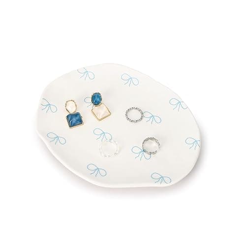 Koythin Ceramic Jewelry Tray, Cute Blue Bow Jewelry Dish for Women, Aesthetic Room Decor Trinket Dish for Birthdays Christmas Mother's Day (Blue Bow) - Image 1