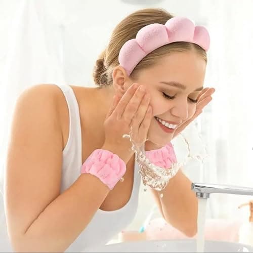 Pretty Magpie Pink Sponge Wristbands Set - Fast Dry Sponge Headbands for Women's Hair - Skincare & Makeup thumbnail 5