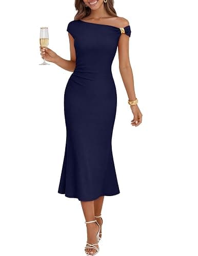 MEROKEETY Women's Wedding Guest One Shoulder Dresses 2026 Summer Formal Elegant Cocktail Party Midi Dress - Image 1