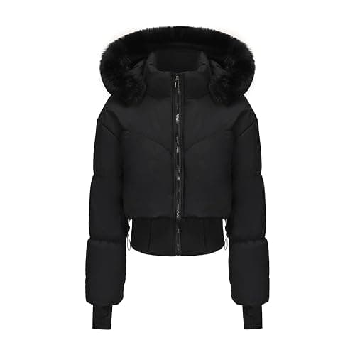 bawilom Womens Winter Cropped Puffer Jacket Long Sleeve Oversized Stand Collar Zip-Up Short Coats with Faux Fur Hood Outwear - Image 1