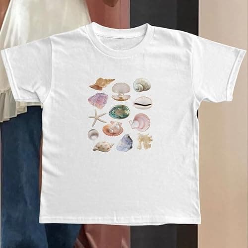 Y2k Graphic Baby Tees for Women Fruit Bow Shirt Crop Top Vintage Aesthetic Teen Girl Clothes 90s Summer Clothing - Small - Shells White thumbnail 3