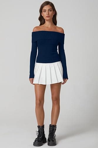 QINSEN Cotton Off The Shoulder Sweater for Women Long Sleeve Ribbed Knit Pullover Sweater Slim Fit Going Out Tops thumbnail 5