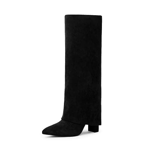 Modatope Knee High Boots Women Fold Over Knee High Boots Chunky High Heels Long Boots Zipper Pointed Toe Dress Tall Boots for Women - Image 1