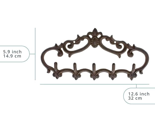 Comfify Brown Cast Iron Wall Hanger – 5 Hooks – Fleur-de-Lis – 12.6" x 5.9" | Fleur-de-lis rustic brown finish; 5 hooks for coats, robes, towels and keys; screws and anchors included; 12.6"L x 5.9"H thumbnail 3