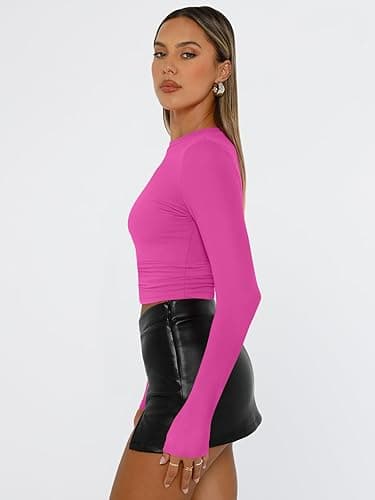 Trendy Queen Womens Long Sleeve Shirts Fall Fashion 2025 Basic Crop Tops Going Out Workout Outfits Y2k Clothes - Small - Hot Pink thumbnail 3