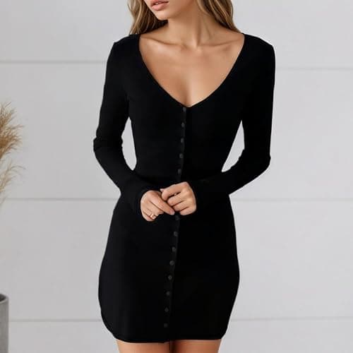 Naileksi Women Elegant Button Front A-Line Mini Dress Sexy Long Sleeve V Neck Skinny Solid Ribbed Knit Flare Short Dress thumbnail 2