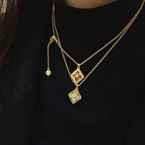Gold Clover Necklace for Women, Double-Sided Pendant by 18K Gold-plated inlaid Natural Stone Pendant Necklace,Turquoise/Malachite/Black Onyx Stone/White Mother of Pearl,Jewelry Gift for Women thumbnail 4