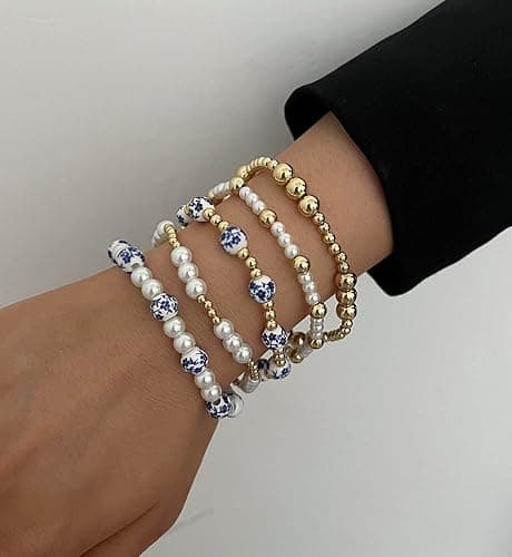 Gold Beaded Bracelets for Women, 14K Real Gold Plated Jewelry for Women Dainty Pearl Bead Bracelets Stack, Non Tarnish Trendy Stackable Ball Cross Stretch Bracelet Set Fashion Accessories Gifts thumbnail 4