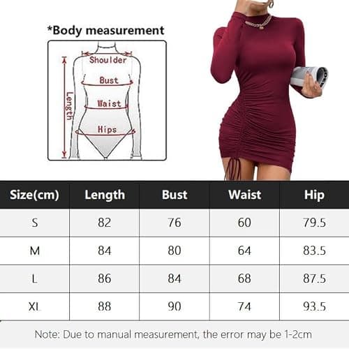 Rongseng Robe Moulante à Manches Longues Sexy Chic pour Femmes - Mini Cordon De Serrage Plissée Courte Décontractée - Mode Élégante pour Soirée Cocktail Party Automne Hiver thumbnail 7