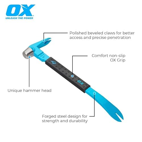 OX Tools Unique Hammer Head 12" Pry Bar - Multi-Functional Tool with Cats Paw, Crowbar | Rubber Grip, Polished Beveled Claws - Forged Steel Design for Strength and Durability thumbnail 2