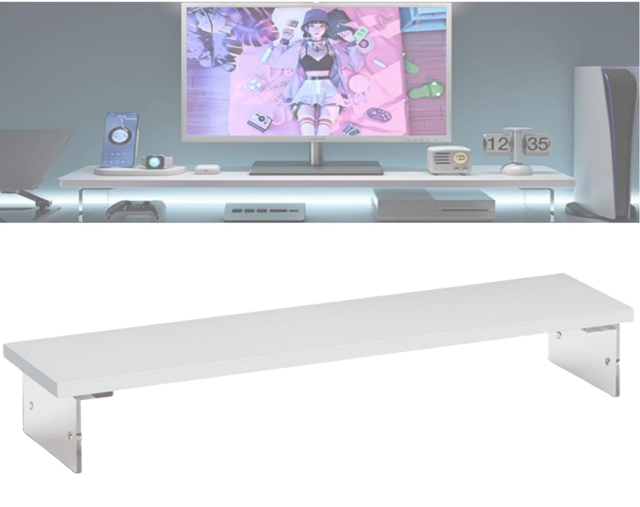 Monitor Stand, Computer Stand, Transparent Legs, Width 50cm/60cm/80cm Depth 20cm Height 8cm, Tabletop, Wooden, Load Capacity 15kg, Keyboard Storage, Simple, Monitor Accessory (White, Width - Image 1