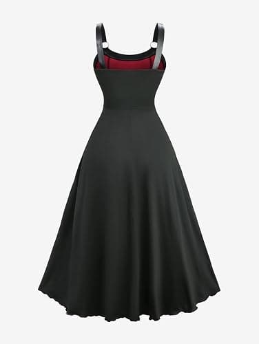 DRESSFO Gothic Punk Victorian Floral Silver Flocking Lace Up Panel Ruffles Midi Vinatge Goth Dress thumbnail 4