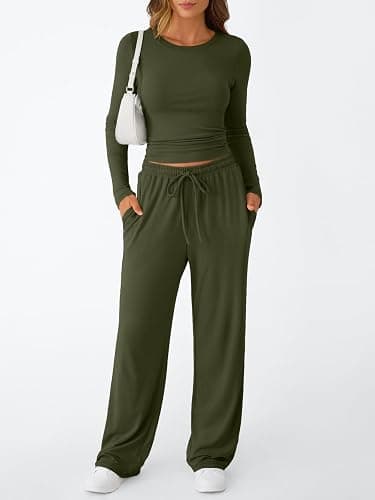 Trendy Queen Women's 2 Piece Matching Lounge Set Long Sleeve Slightly Crop Top Wide Leg Pants Casual Sweatsuit thumbnail 2