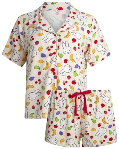 COCO BRANDS Miffy Womens Pajama Sets - 2 Piece Soft Button Down Sleep Shirt with Matching Pajama Pants or Pajama Shorts, Size X-Large, Cream Fruit Toss Miffy - Image 1