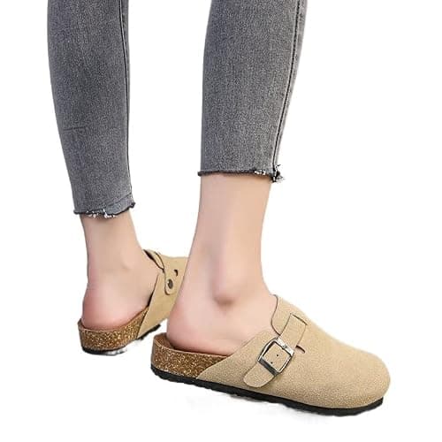 VRNCLR Sandals Women Mules Slippers Retro Low Heel Suede Leather Sandals Solid Color Women Light Slipper Clogs (Color : Dark Brown, Size : 9) thumbnail 4