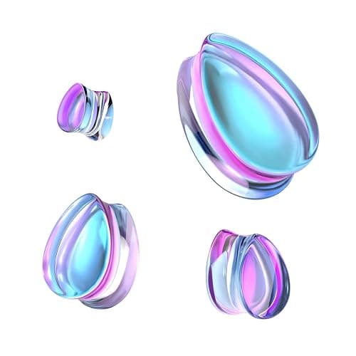 Pierced Owl Purple Iridescent Glass Tear Drop Shaped Double Flared Plug Gauges, Sold as a Pair thumbnail 4