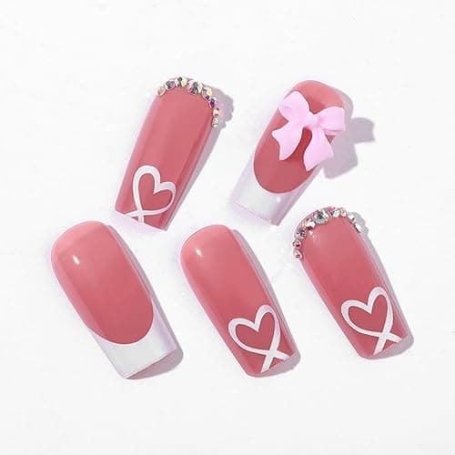 YKZFUI French Tip Press on Nails with Charms Medium Fake Nails White French Nails Press ons Cute Bow Stick on Nails Long Square Shape Acrylic Nails Heart Nails Rhinestones Nails for Women Daily Wear thumbnail 5