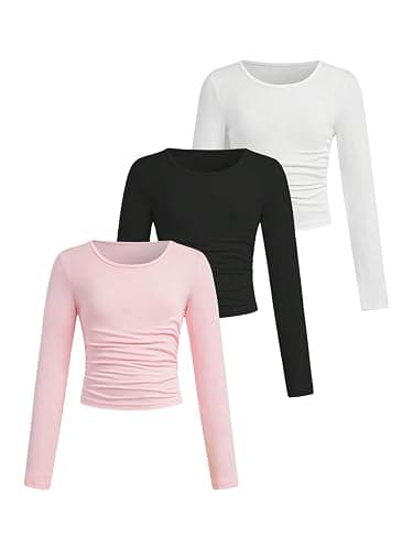 SOLY HUX Girl's 3 Piece T Shirt Crew Neck Long Sleeve Ruched Crop Tops Slim Fit Solid Basic Tee - Image 1