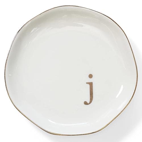 HOME SMILE Initials Ring Dish Jewery Tray with Personalized J-Monogrammed Engagement Wedding Gifts for Friends,Sister,Birthday Christmas Gifts for Women,Ceramic White - Image 1