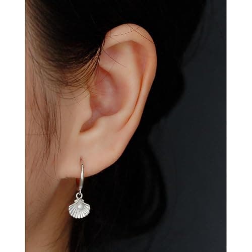 Cute Shell Pearl Huggie Small Hoop Earrings Dangle Drop for Women Teen Girls 925 Sterling Silver 14K Gold Filled Boho Beach Simple Charm Hoops Delicate Hypoallergenic Summer Jewelry Gift Daughter thumbnail 4