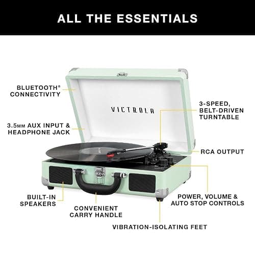 Victrola Journey Bluetooth Portable Suitcase Record Player – with Built-in Speakers, 3 Speed Vinyl Record Player, RCA Out, Headphone Jack (Turquoise) thumbnail 2