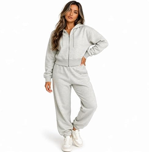 Harmony & Balance Womens Cropped Sweatsuit Set - Zip Up Hoodie & Jogger Pants - French Terry Lounge Outfit - Image 1