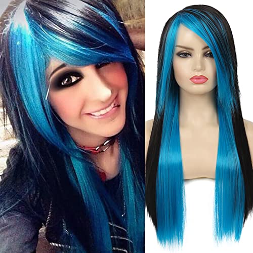 Baruisi Long Blue Black Wig Silky Straight Synthetic Heat Resistant Side Bangs Halloween Costume Hair Wigs for Women Girls - Image 1