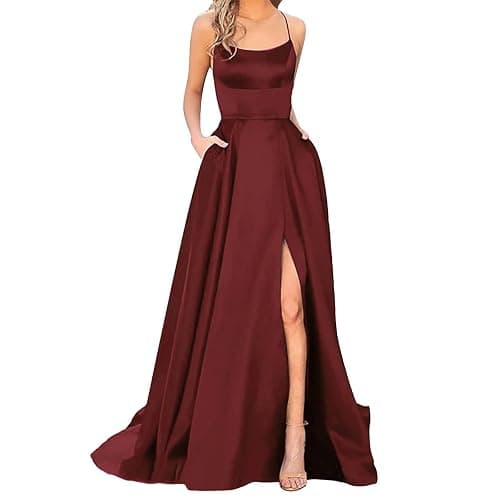 Robe de bal élégante 2025 pour femme - Longue robe de soirée dos nu - En satin - Bretelles spaghetti - Fente latérale - Robe de mariage avec poches - Image 1