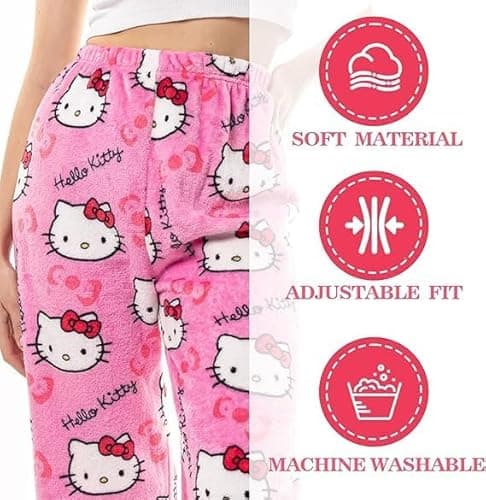 Cute Cartoon Pajama Pants for Women, Kawaii Anime Cat Pjs Christmas Pajama Pants Fluffy Flannel Sleep Bottoms - Rose Red Cat - Medium thumbnail 3