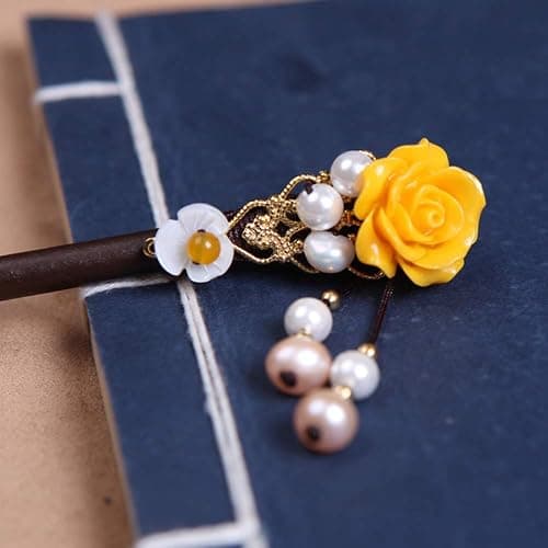 TOP SEWING Wooden Hair Pins 7" Chinese Yellow Flower Hair Sticks For Long Hair 1 Pack Buns Accessories for Girl thumbnail 3