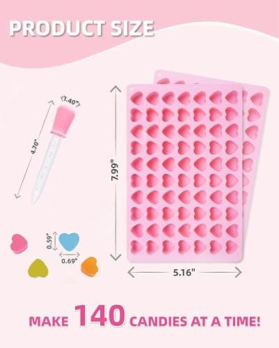 Heart Silicone Gummy Molds 2 Pack with 2 Droppers, Mini Heart Chocolate Mold, Non-Stick Food Grade Ice Cube Tray for Hard Candy, Homemade treats, Soap, Jelly (Pink) thumbnail 3