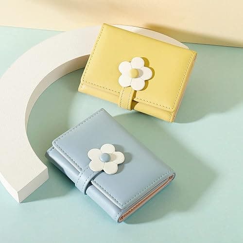 MEISEE Small Wallet for Girls Women Tri-folded Wallet Cash Pocket flowers Print Card Holder Coin Purse with ID Window elegant youthful and cute (2-yellow-2) thumbnail 2